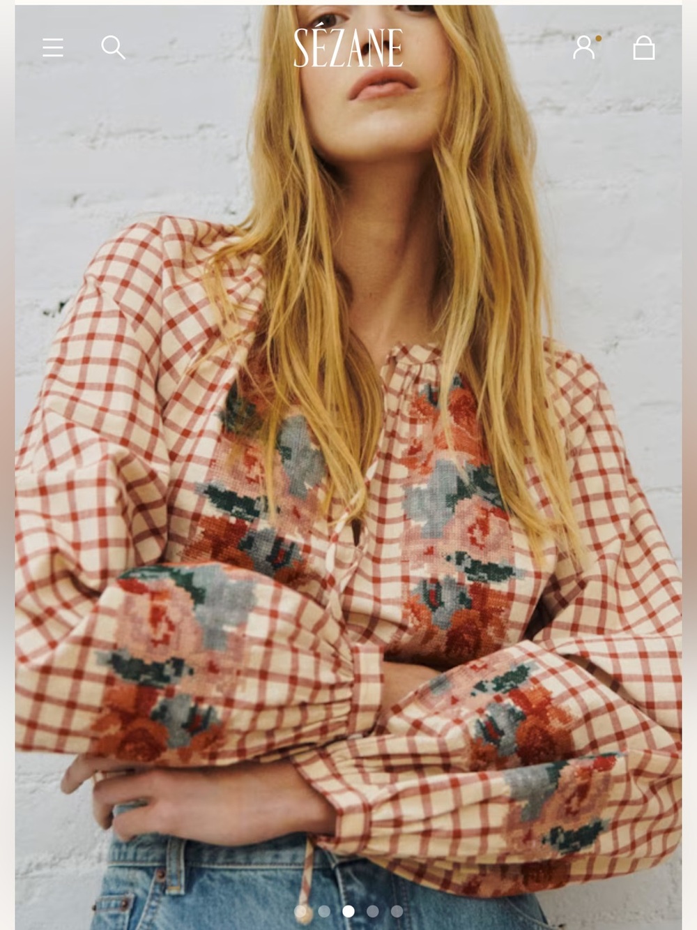 NWT SZ 6 Sezane X SEA NY Cream & Burgundy AQUILA Checked  Embroidered  Blouse 🇫🇷